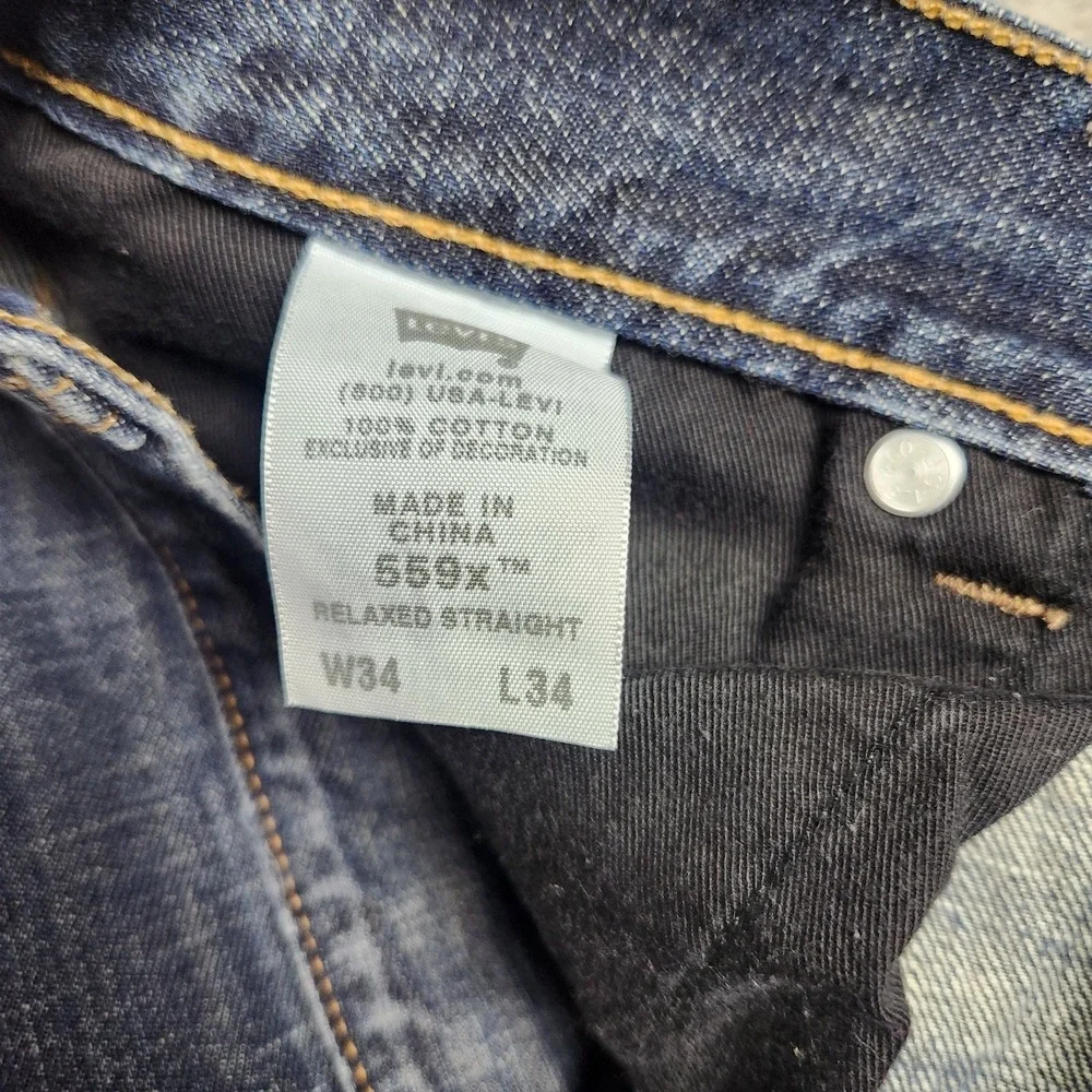 Levis 559 Button Fly Jeans Men 34x34 Blue Dark Wash Denim Whisker Faded Relaxed